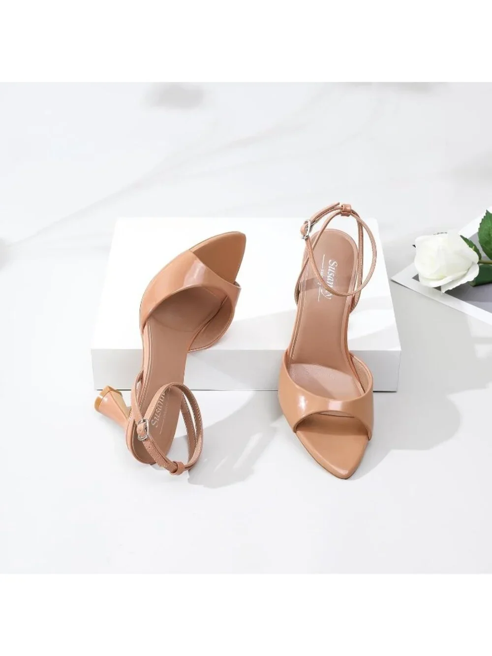 Women's Tan Nude High Heels Pointed Open Toe Strappy Chunky Sexy Dress Shoes